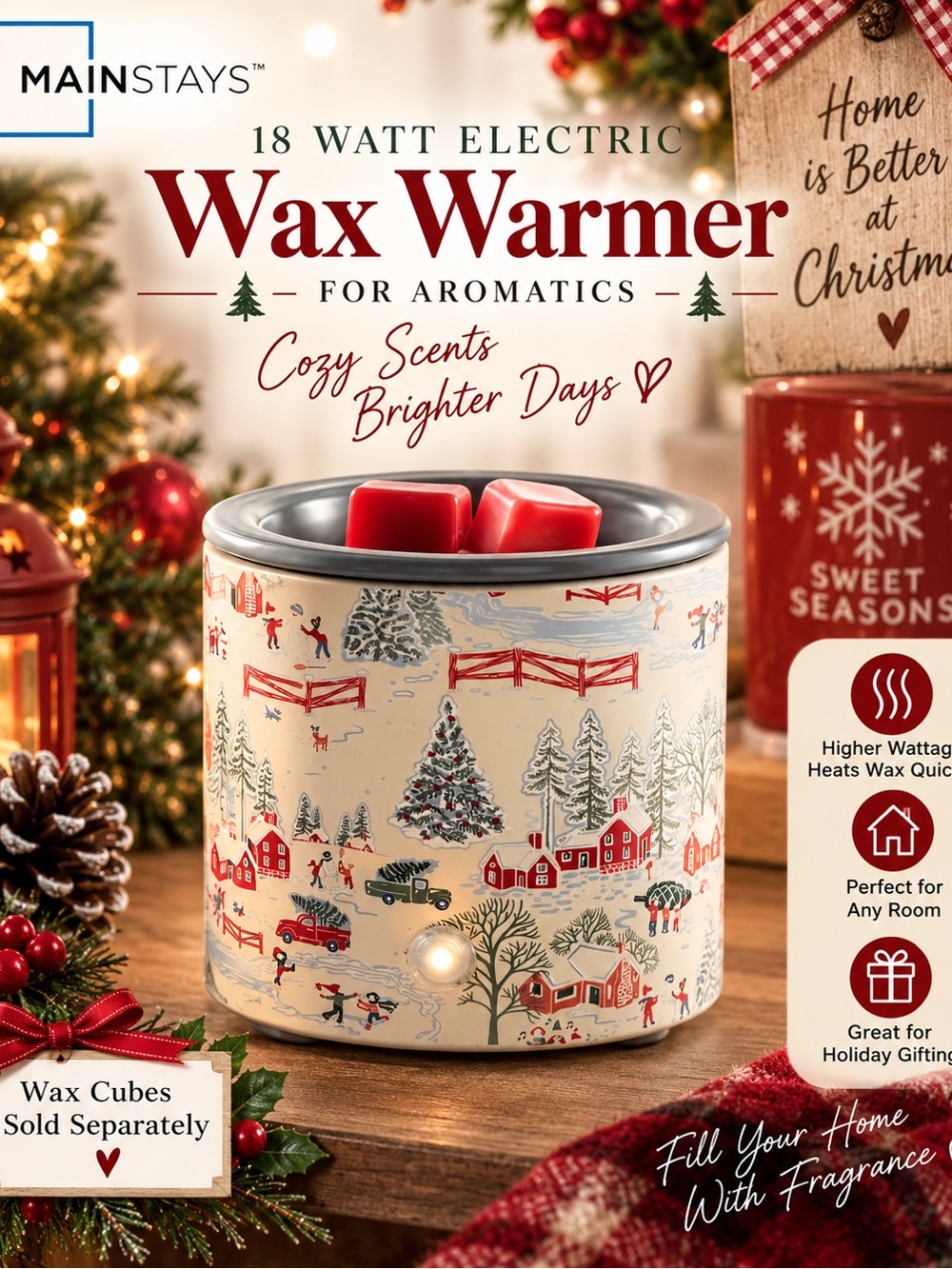 Mainstays Cream & Red Holiday Wax Warmer - Electric Aromatherapy Heater